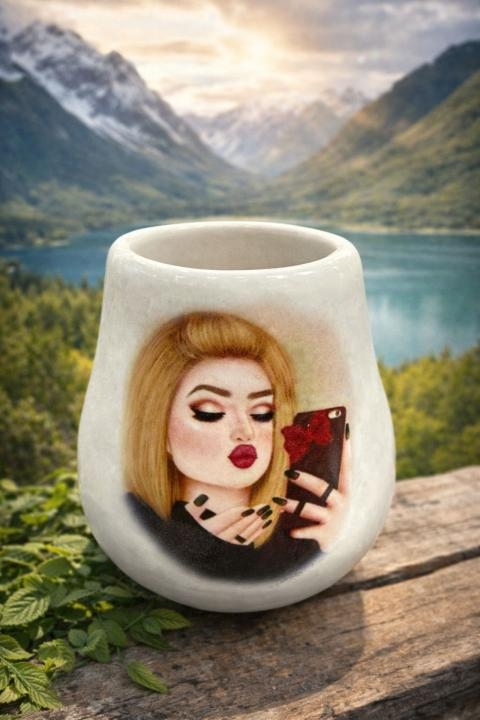 كاسة متة مع صورة بنت مع جوالها